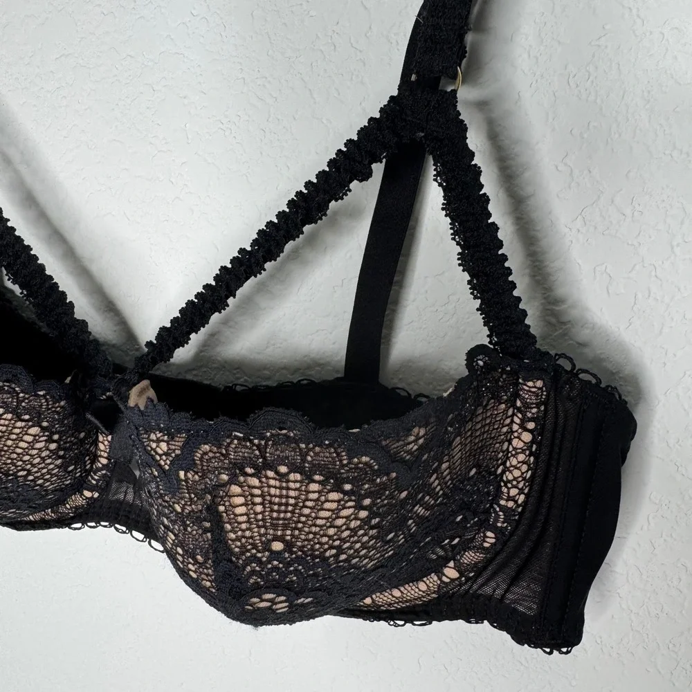 Adore Me Kimmy Black Push Up Lace Cage Balconette Bra 36C Underwire Strappy